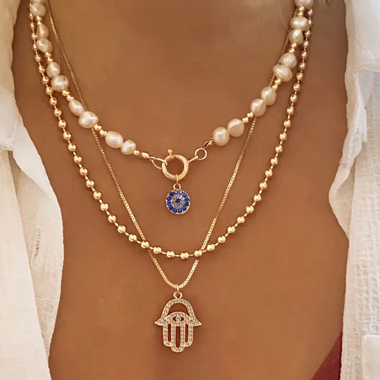 Fashion Necklace Pearl, Devil's Eye Accent, Three-Layer Long Chain