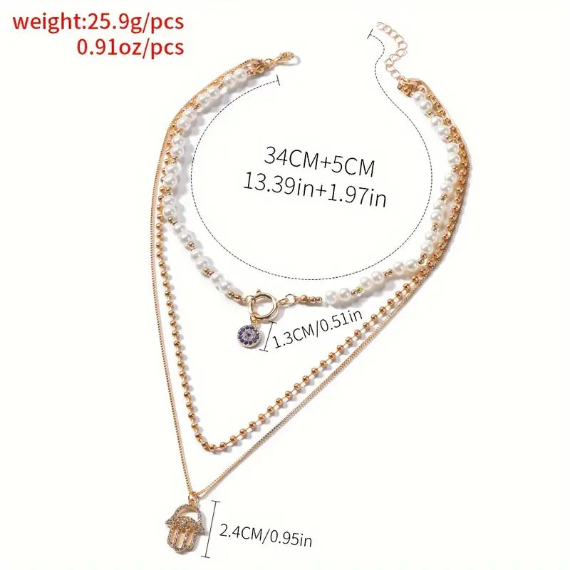 Fashion Necklace Pearl, Devil's Eye Accent, Three-Layer Long Chain