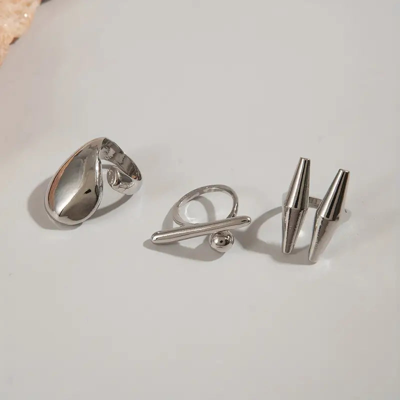 Metallic Irregular Rings Set of 3, Silver