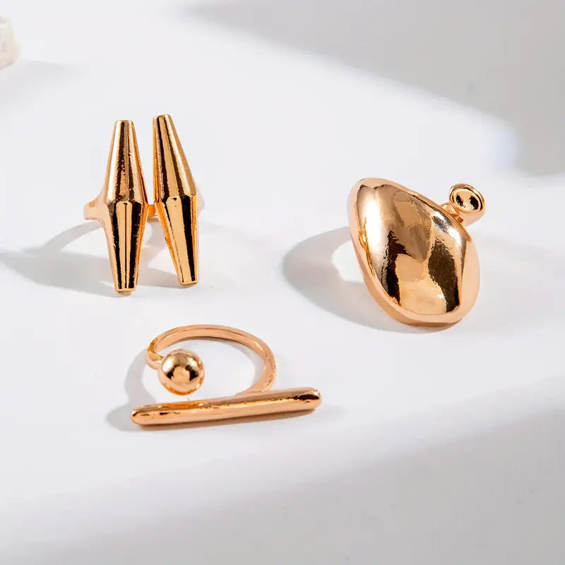 Metallic Irregular Rings Set of 3, Gold