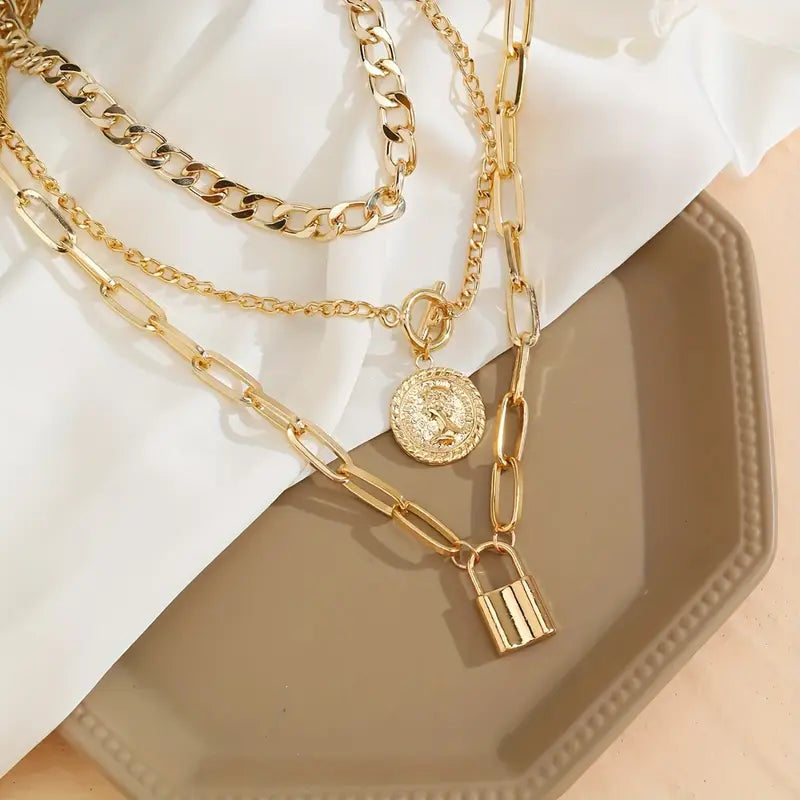 Multi-Layer Golden Necklace with Round Pendant