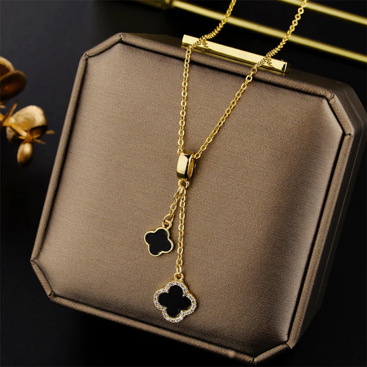 Double Clover Sparkle Necklace, Black