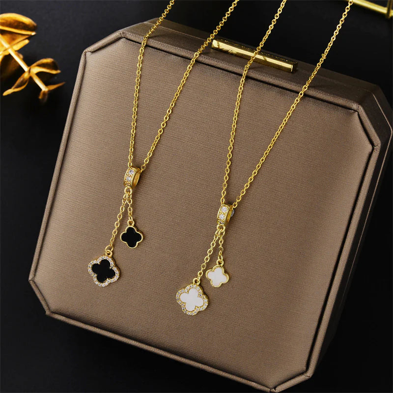 Double Clover Sparkle Necklace, White