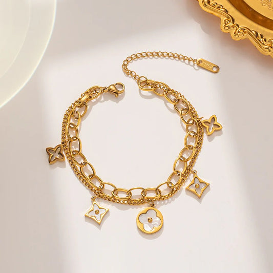 Double layered Clover Bracelet, Gold
