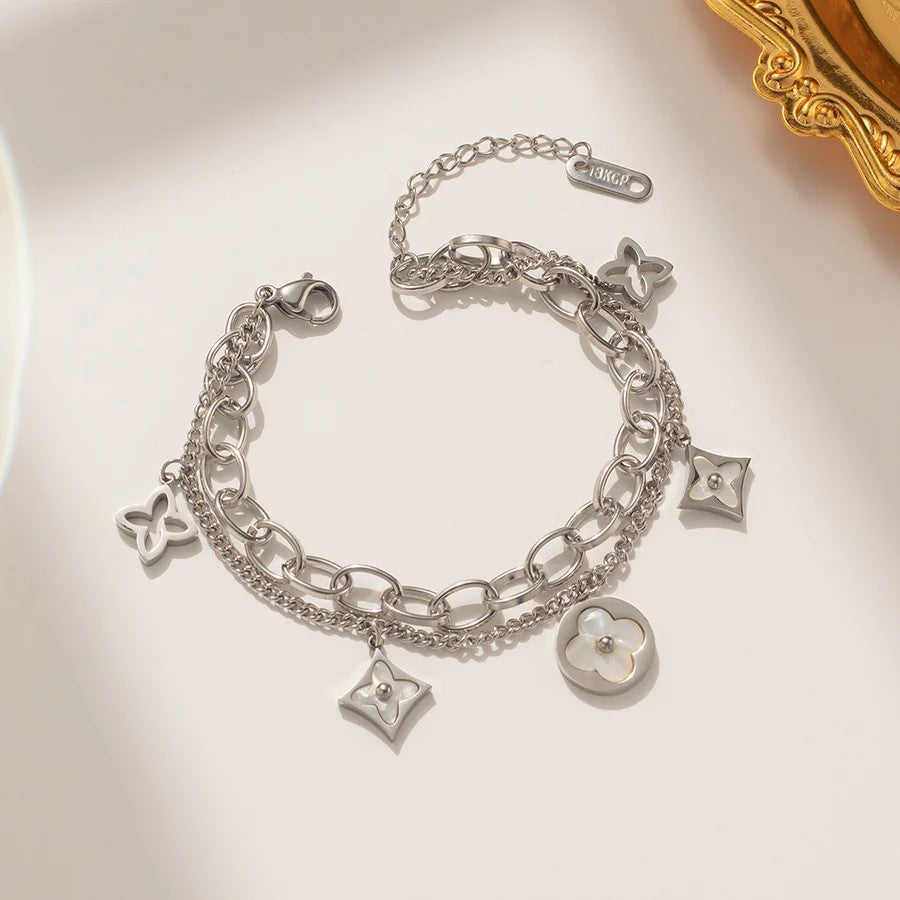 Double layered Clover Bracelet, Silver