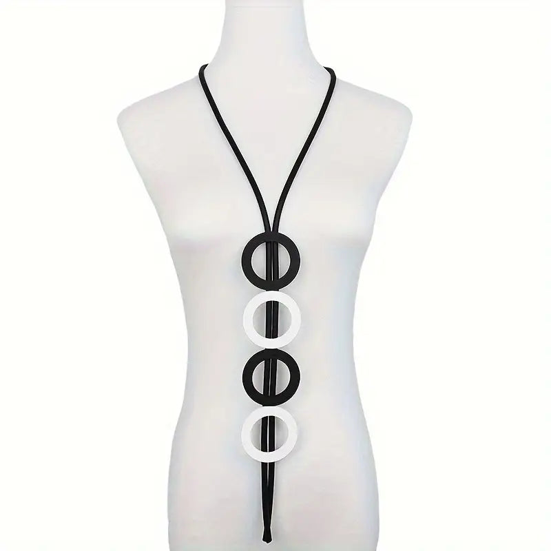 Elegant Long Women's Pendant Necklace Geometric Black & White Circles