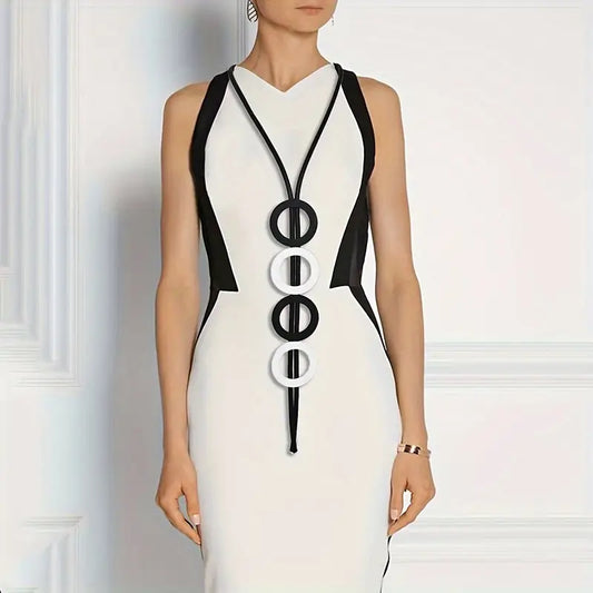 Elegant Long Women's Pendant Necklace Geometric Black & White Circles