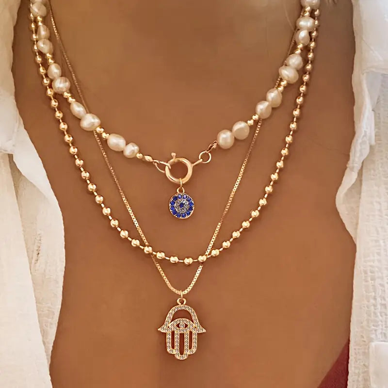 Fashion Necklace Pearl, Devil's Eye Accent, Three-Layer Long Chain