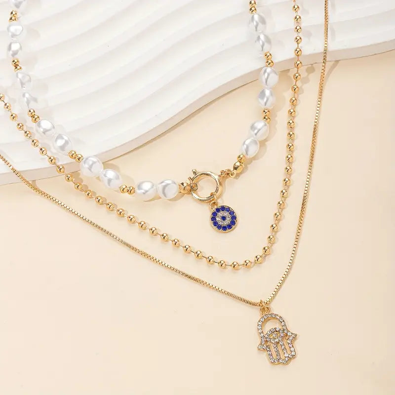 Fashion Necklace Pearl, Devil's Eye Accent, Three-Layer Long Chain