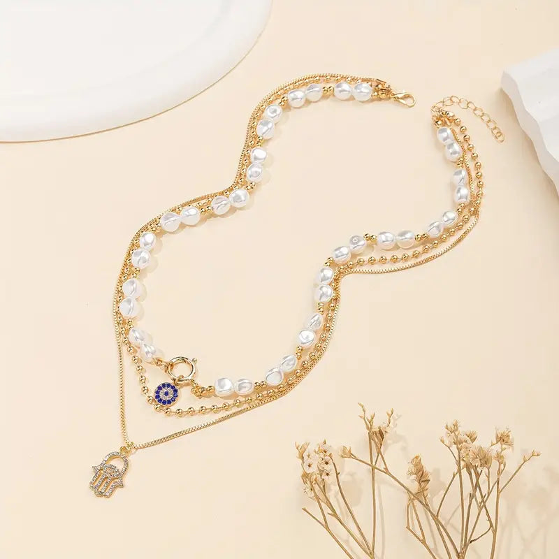 Fashion Necklace Pearl, Devil's Eye Accent, Three-Layer Long Chain