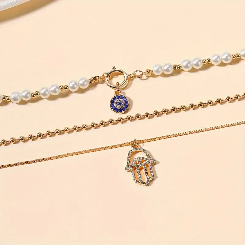 Fashion Necklace Pearl, Devil's Eye Accent, Three-Layer Long Chain