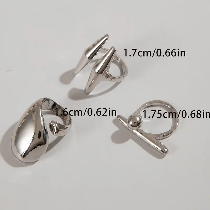 Metallic Irregular Rings Set of 3, Silver