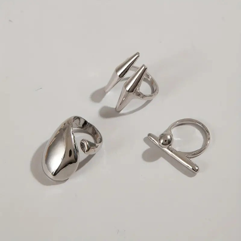 Metallic Irregular Rings Set of 3, Silver