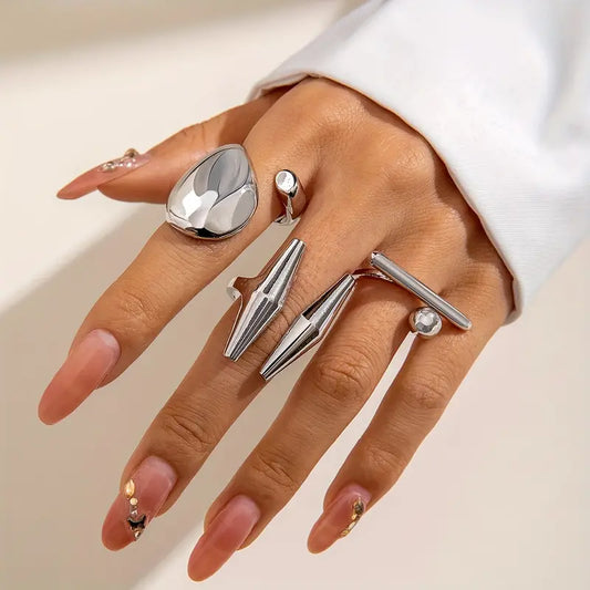Metallic Irregular Rings Set of 3, Silver