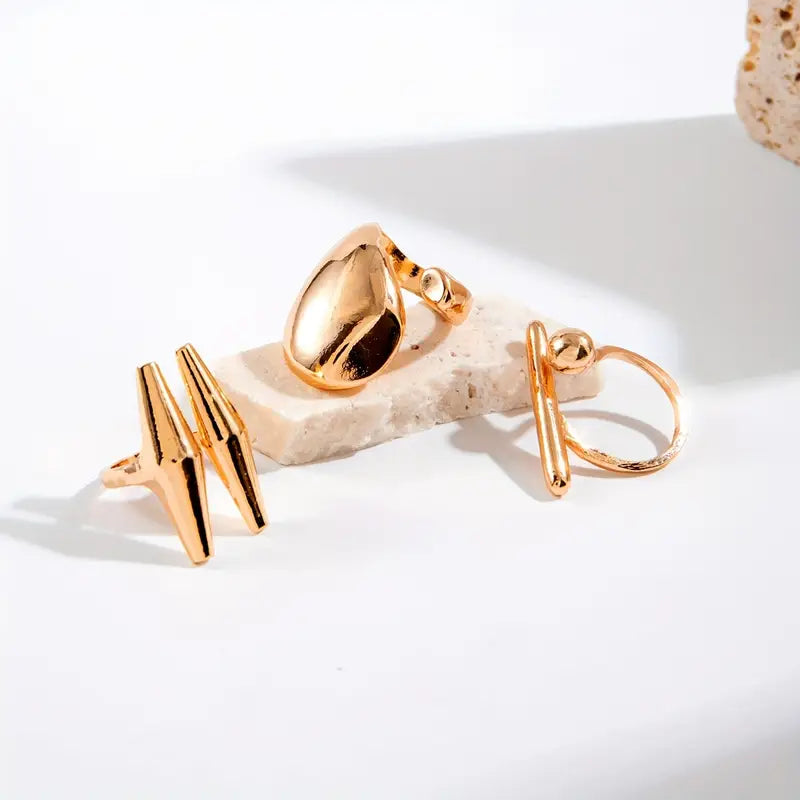 Metallic Irregular Rings Set of 3, Gold