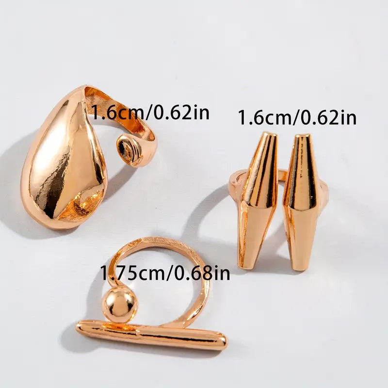 Metallic Irregular Rings Set of 3, Gold