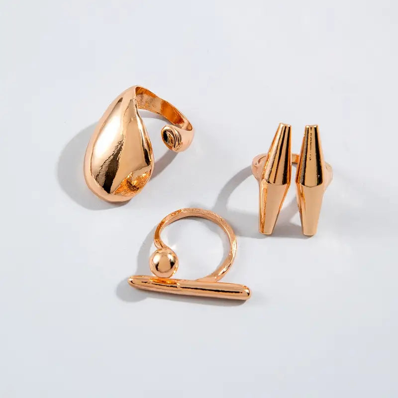 Metallic Irregular Rings Set of 3, Gold