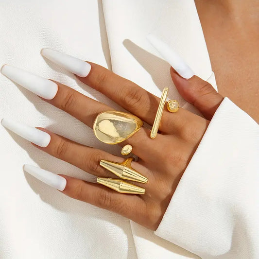 Metallic Irregular Rings Set of 3, Gold