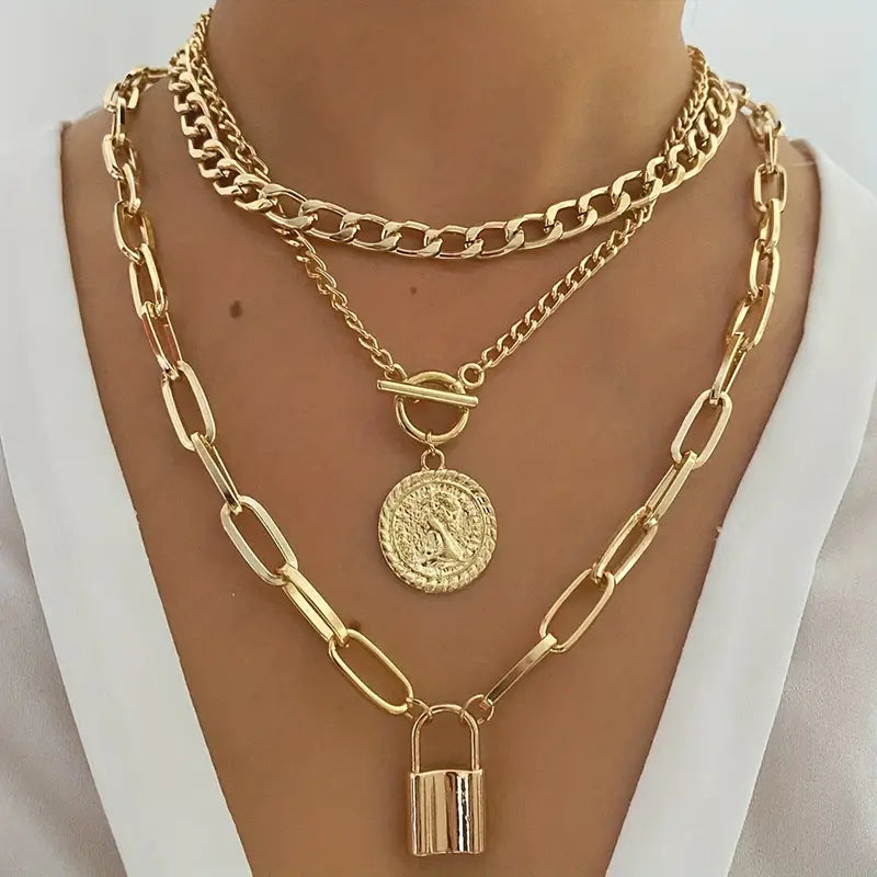 Multi-Layer Golden Necklace with Round Pendant