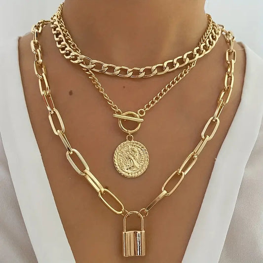 Multi-Layer Golden Necklace with Round Pendant