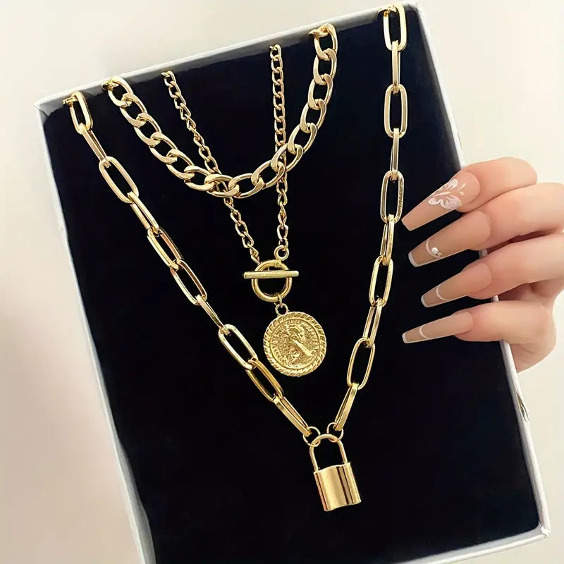 Multi-Layer Golden Necklace with Round Pendant