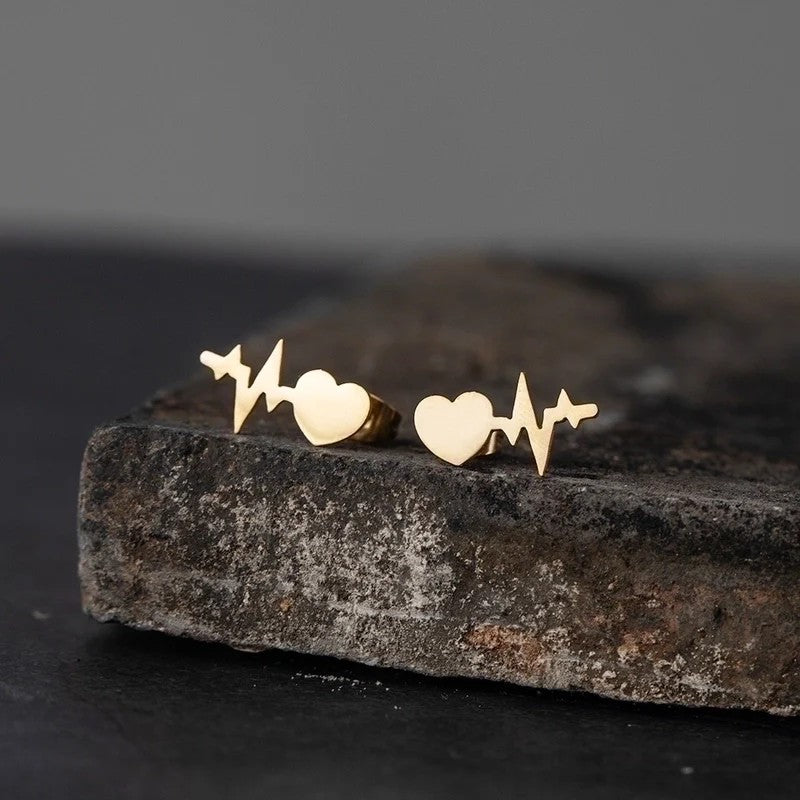 Heart Shape, EKG, Earrings, Gold