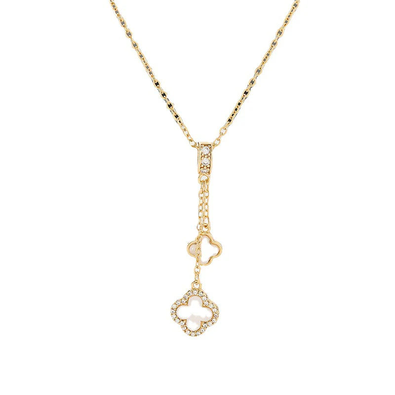 Double Clover Sparkle Necklace, White