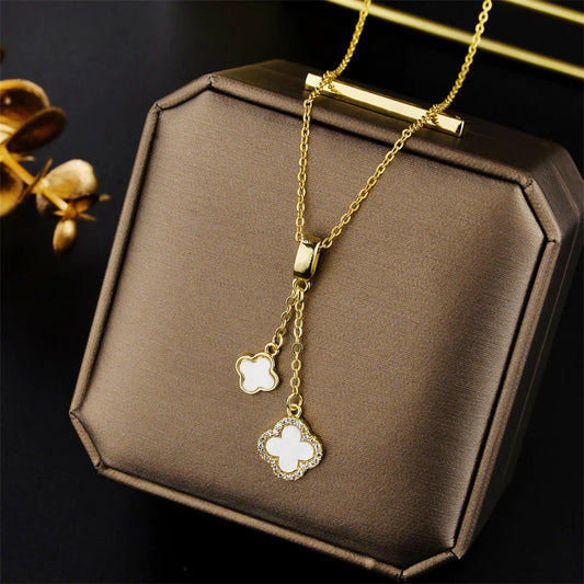 Double Clover Sparkle Necklace, White