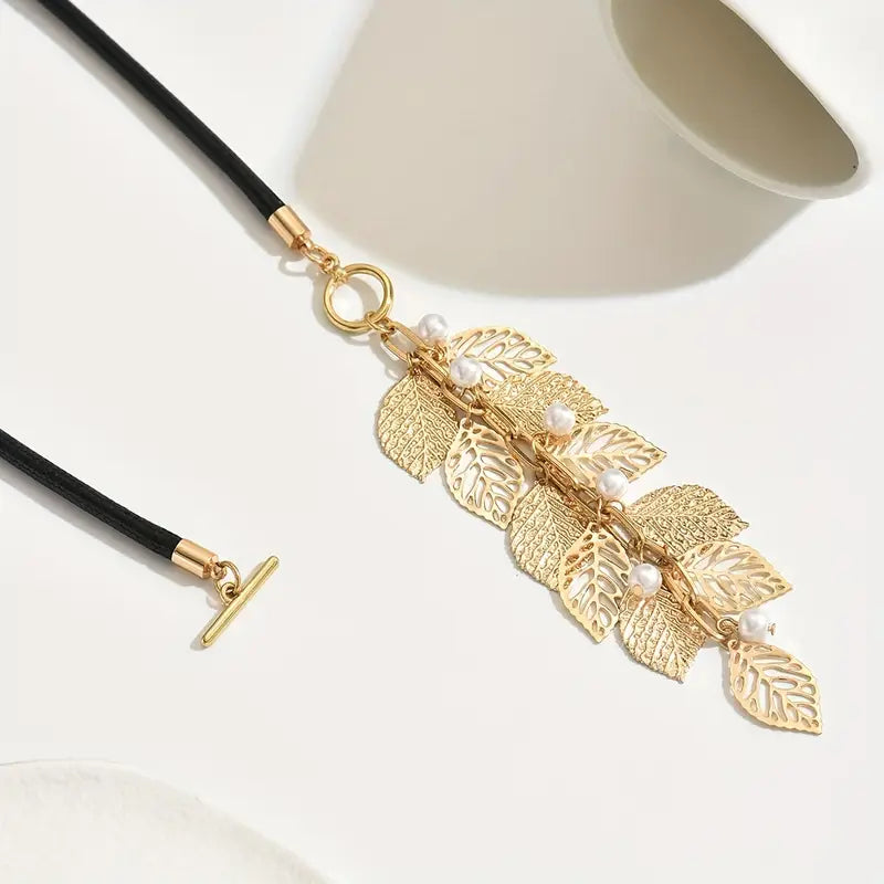 Y-Shaped Necklace with Faux Pearl Tassels and Leaf Design