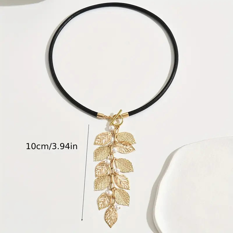 Y-Shaped Necklace with Faux Pearl Tassels and Leaf Design
