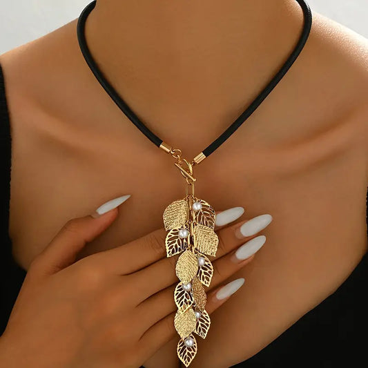 Y-Shaped Necklace with Faux Pearl Tassels and Leaf Design